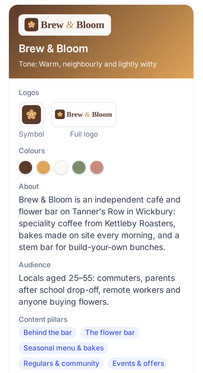Optimate's brand profile preview for Brew & Bloom, a demo café: its logo, tone of voice, five brand colours, about text, audience and five content pillars.