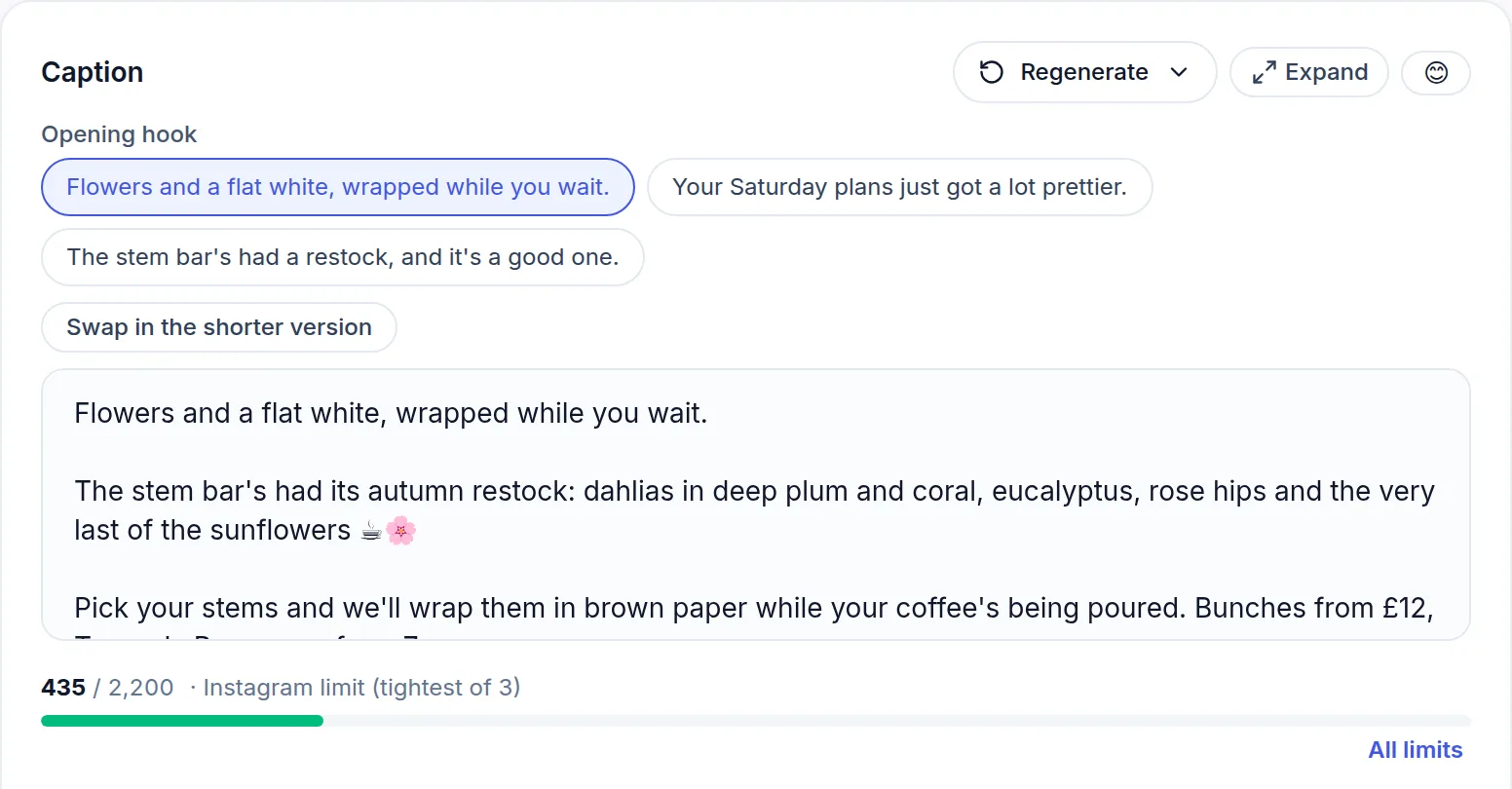 Optimate's caption editor for a demo café: three suggested opening hooks, the caption about the stem bar's autumn restock, and a character count against Instagram's limit.