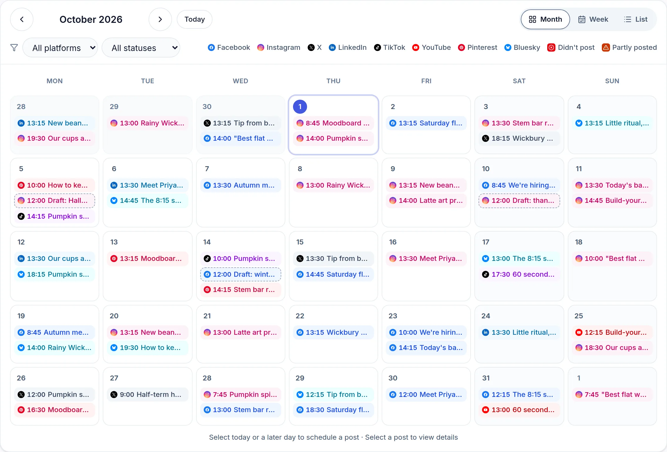 Optimate's planner in month view for a demo café: October 2026, one to three posts a day colour-coded by platform, with drafts outlined.