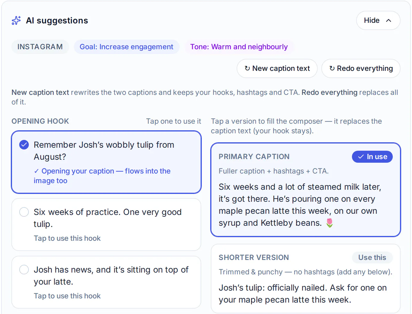 Optimate's AI suggestions in Create Post for a demo café's Instagram post: the goal and tone of voice, three opening hooks to pick from, and the full caption in use beside a shorter version.