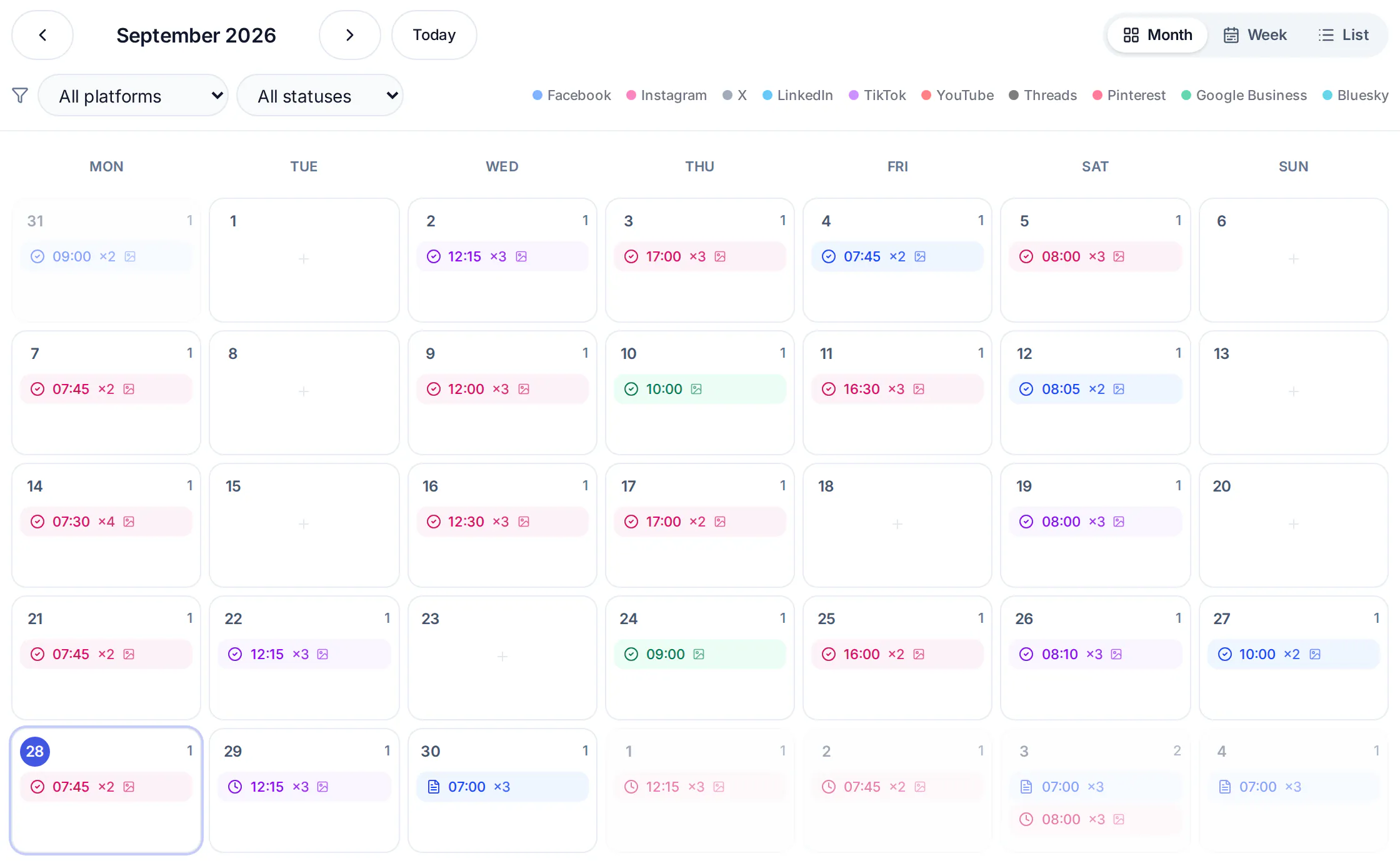 Optimate's Content Planner in month view for a demo café: September 2026, Monday to Sunday, with a post on most days going to two to four platforms, colour-coded by network, and platform and status filters.