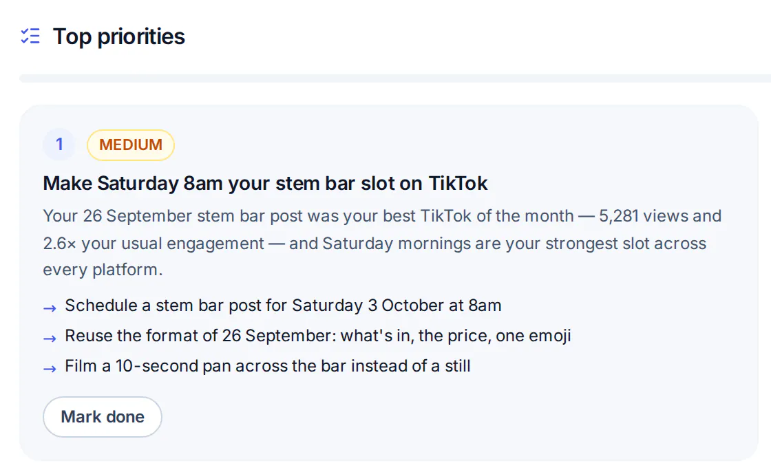 Optimate's Recommendations for a demo café: the top priority, making Saturday 8am its stem bar slot on TikTok, with the results behind it and three steps to take.
