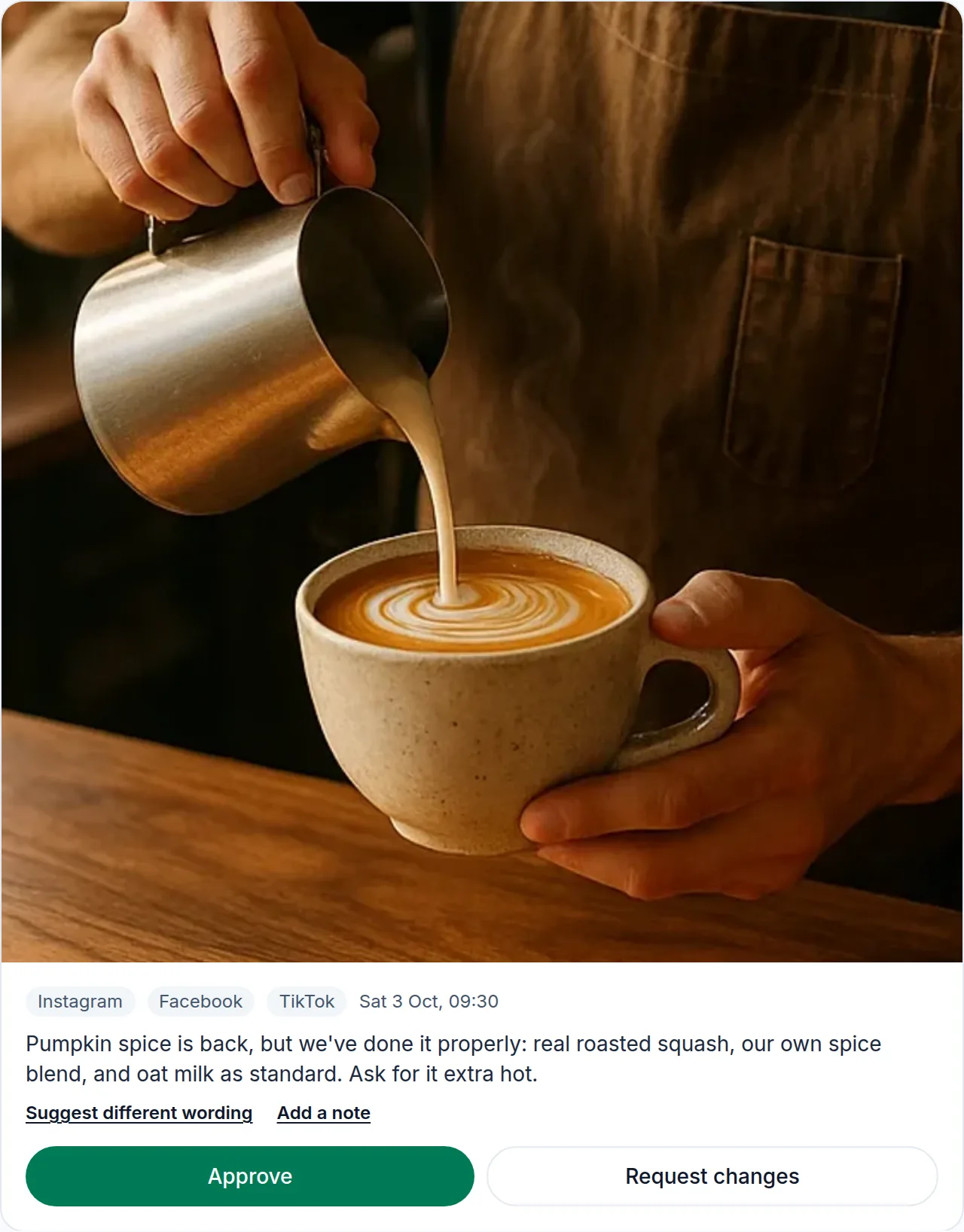 A client approval page for a demo café's post: the photo, the caption, the platforms and time it is scheduled for, and Approve and Request changes buttons.